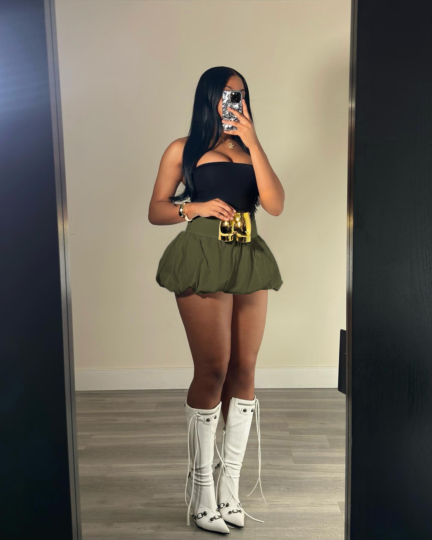 Women Solid Stretch Pleated Skirt Bubble Skirt 8