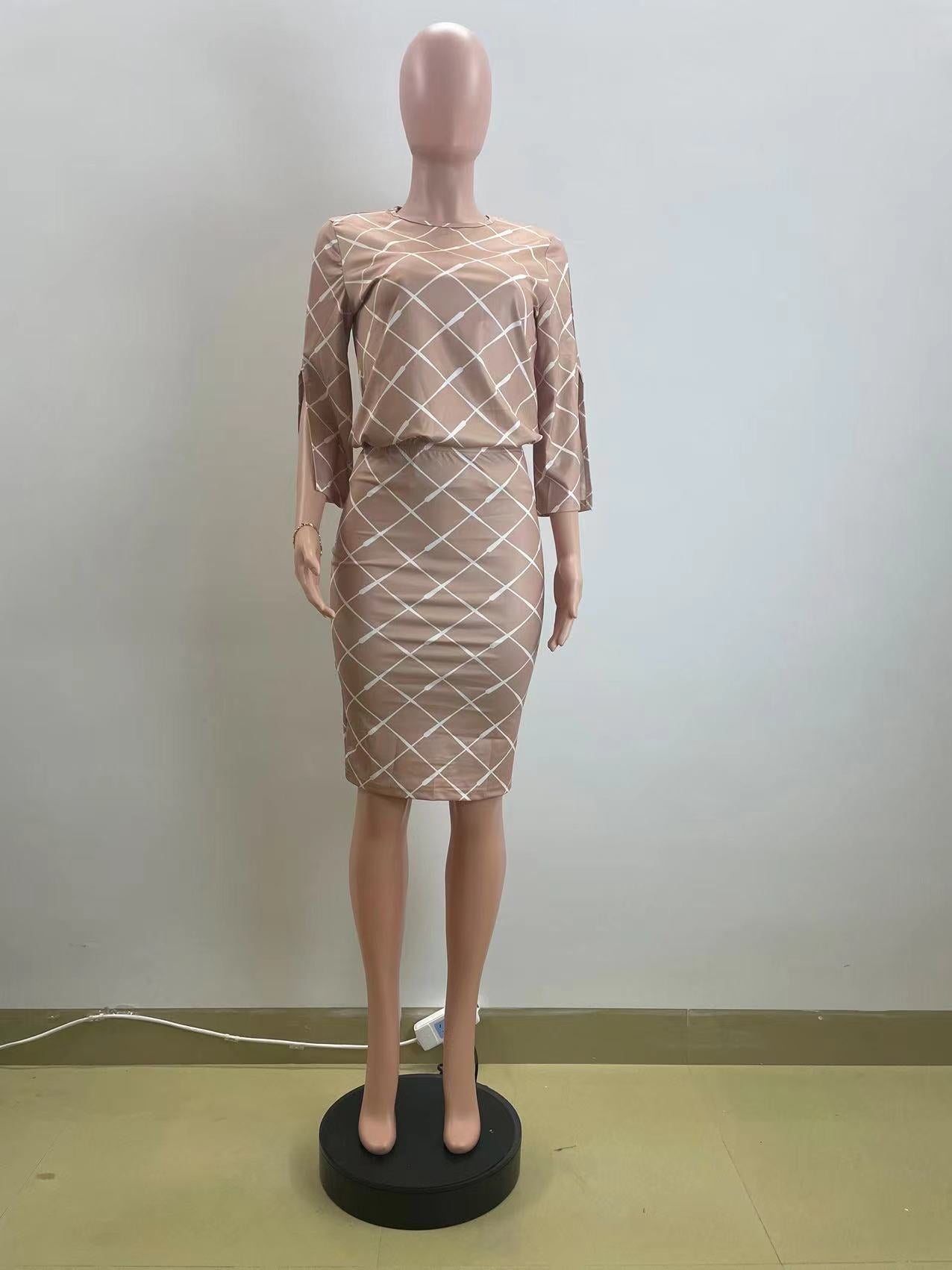 Women's Autumn Slit Sleeve Slim Fit Plaid Two Piece Skirt Set 7