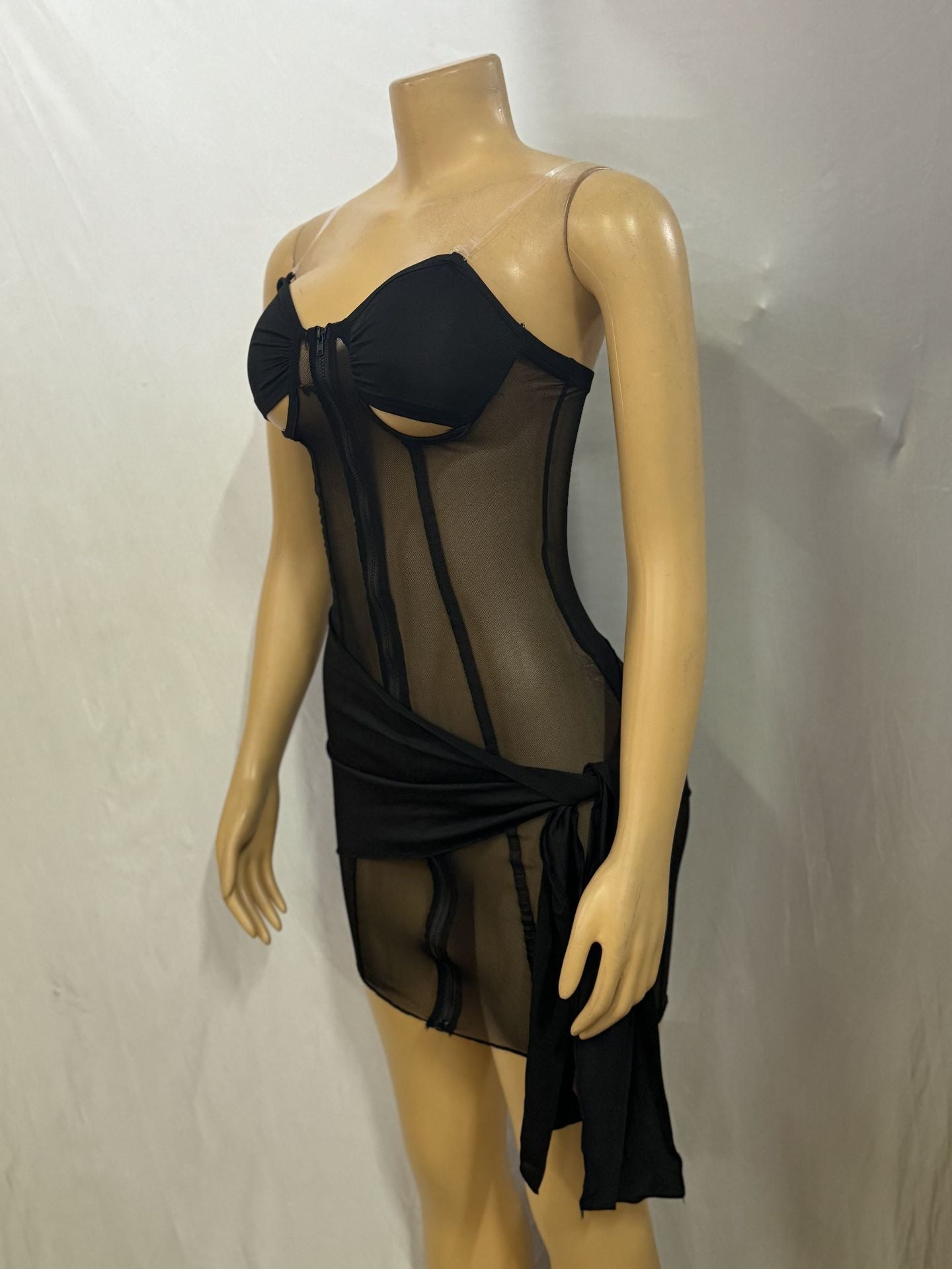 Women See-Through Zipper Hollow Lace-Up Sexy Backless Bodycon Dress 8