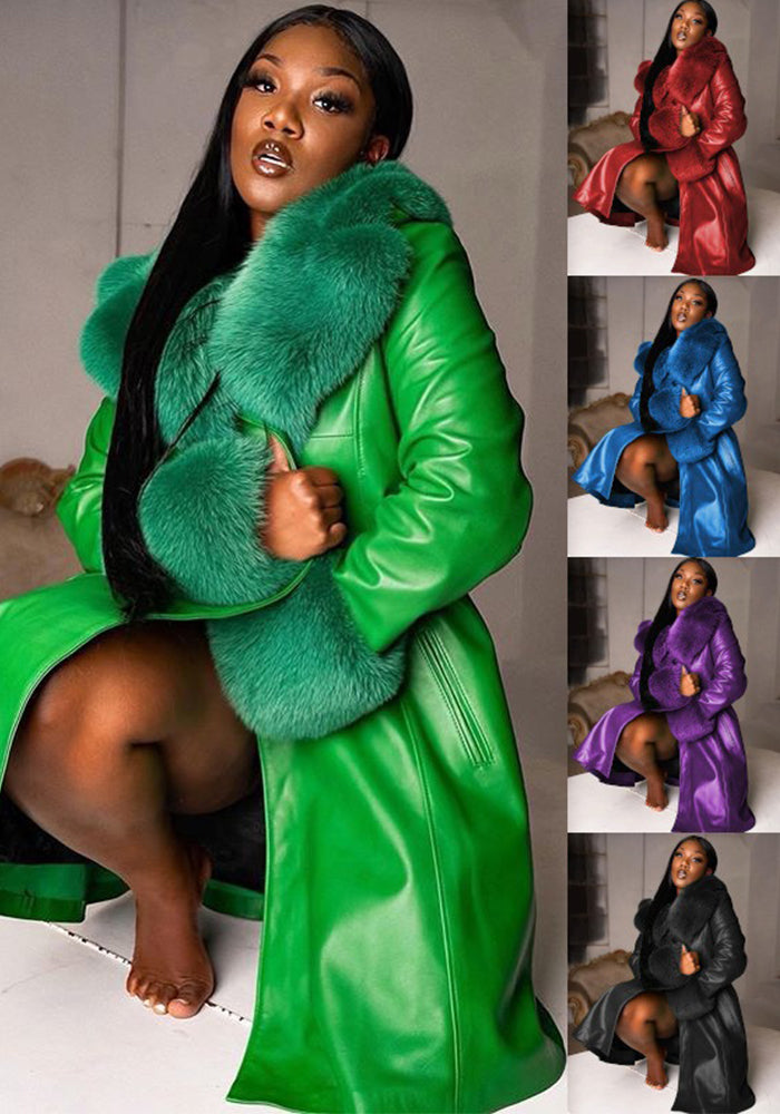 Autumn And Winter Turndown Collar Long Coat With Fur Collar Chic Zipper Women's Pu Coat