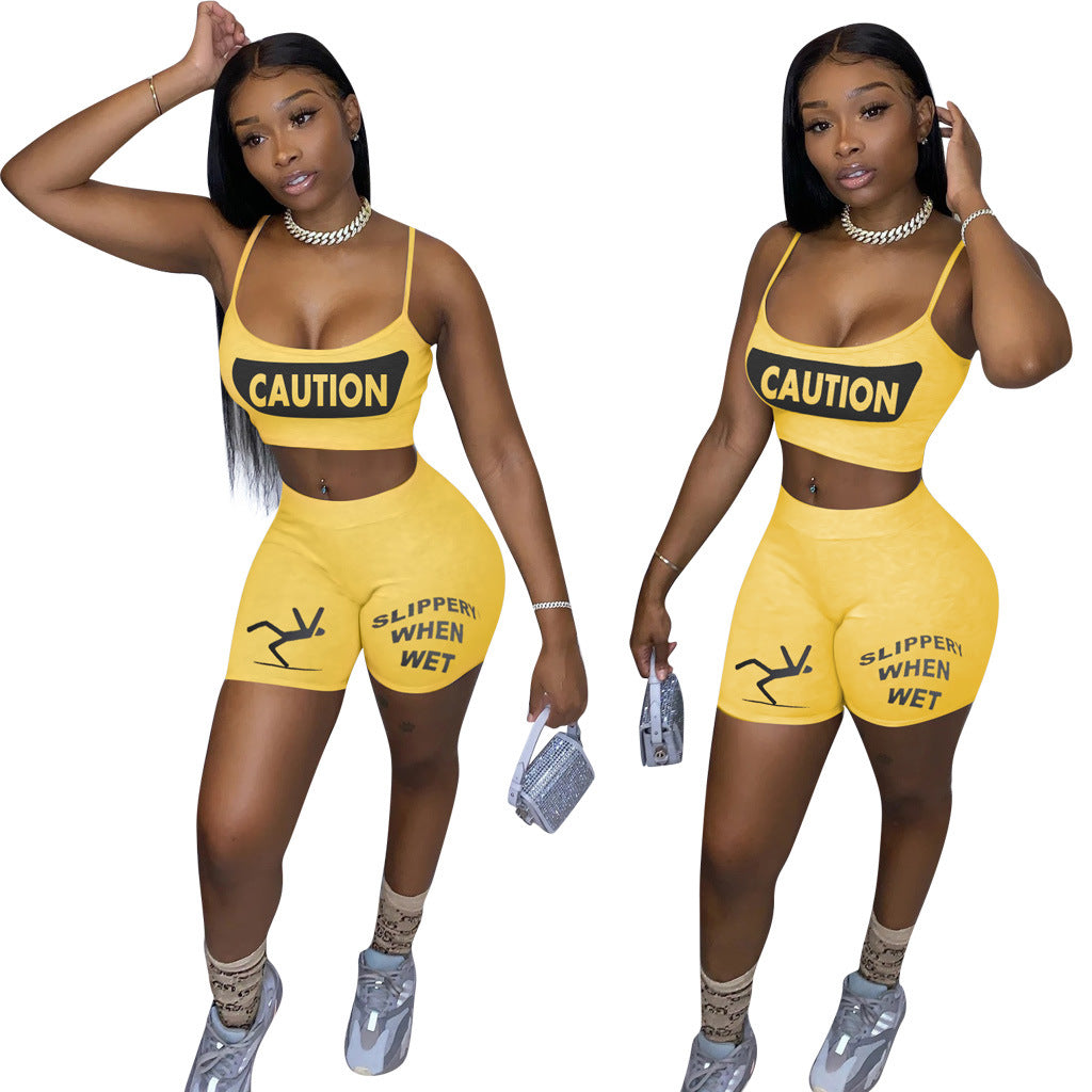 Women Nostalgic Letter Printed Tank Top Shorts Sports Two-piece Set