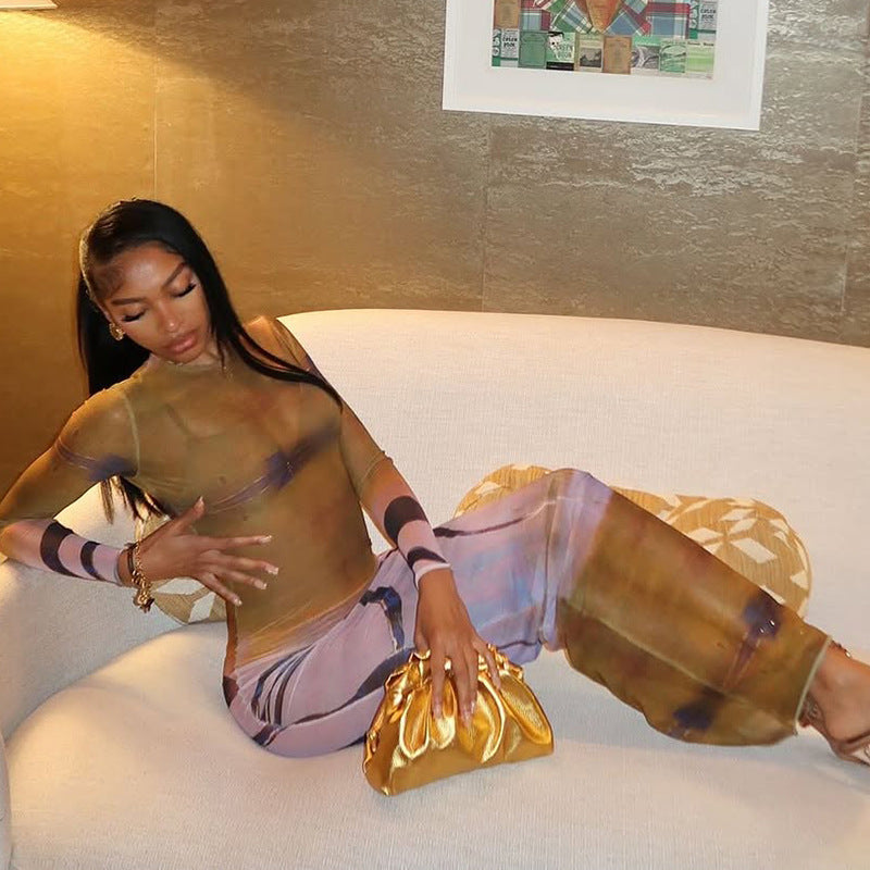 Fashion women's print round neck long sleeve micro-transparent bodycon dress 4