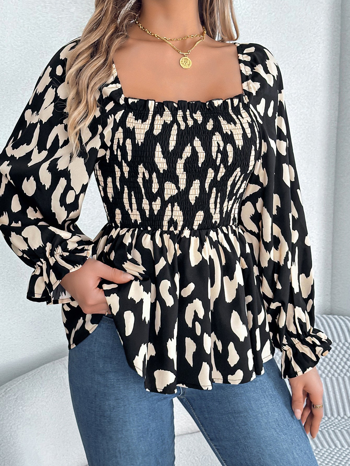 Women Casual Ruffle Edge Square Neck Leopard Print Long Sleeve Top 8