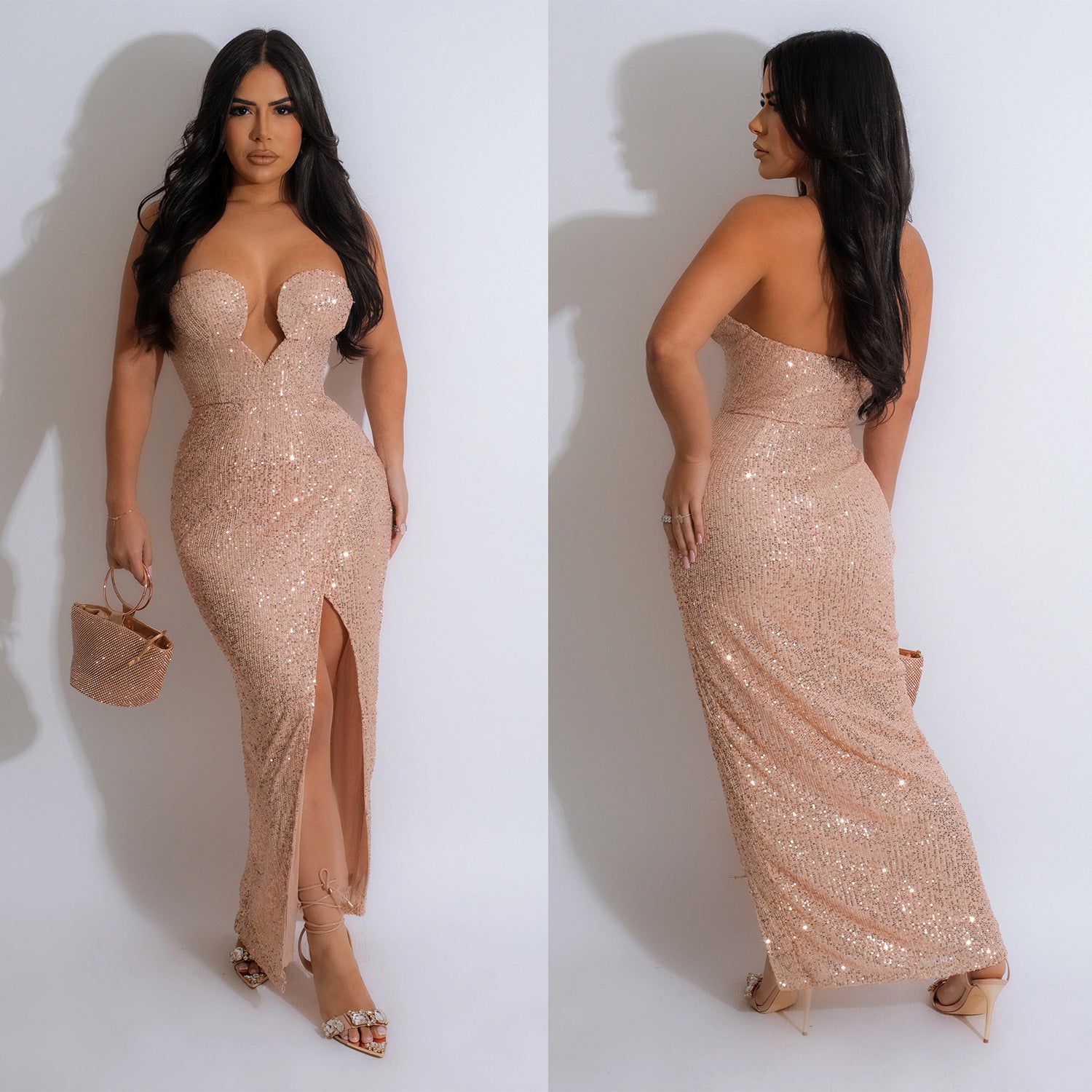 Fashion Women's Solid Color Sexy Sequin Low Back Long Dress 9