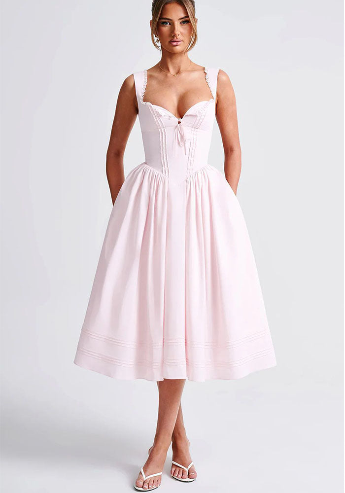 Lace Patchwork Strap Slim Low Back Puffy A-line Dress