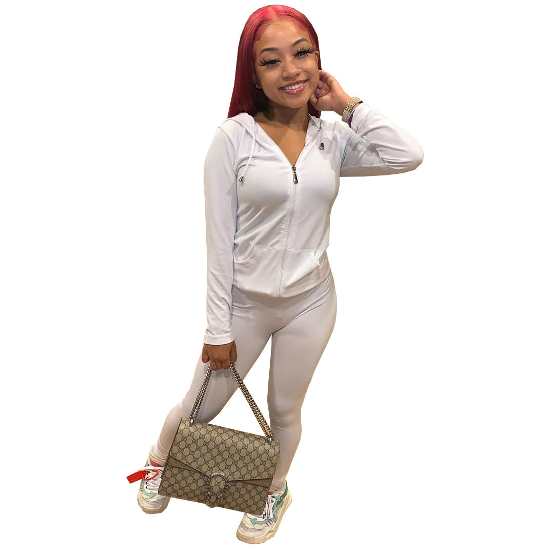 Women Summer Sports Hooded Full Sleeves Solid Pockets Regular Two Piece Pants Set 33