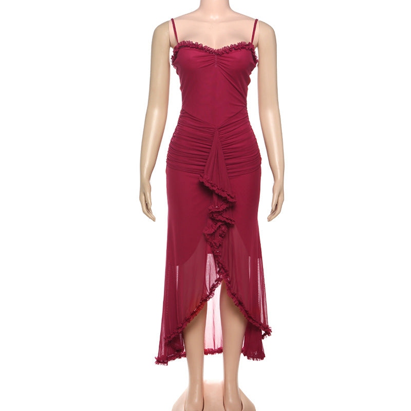 Women Sexy Backless Mesh Suspender Solid Dress 28