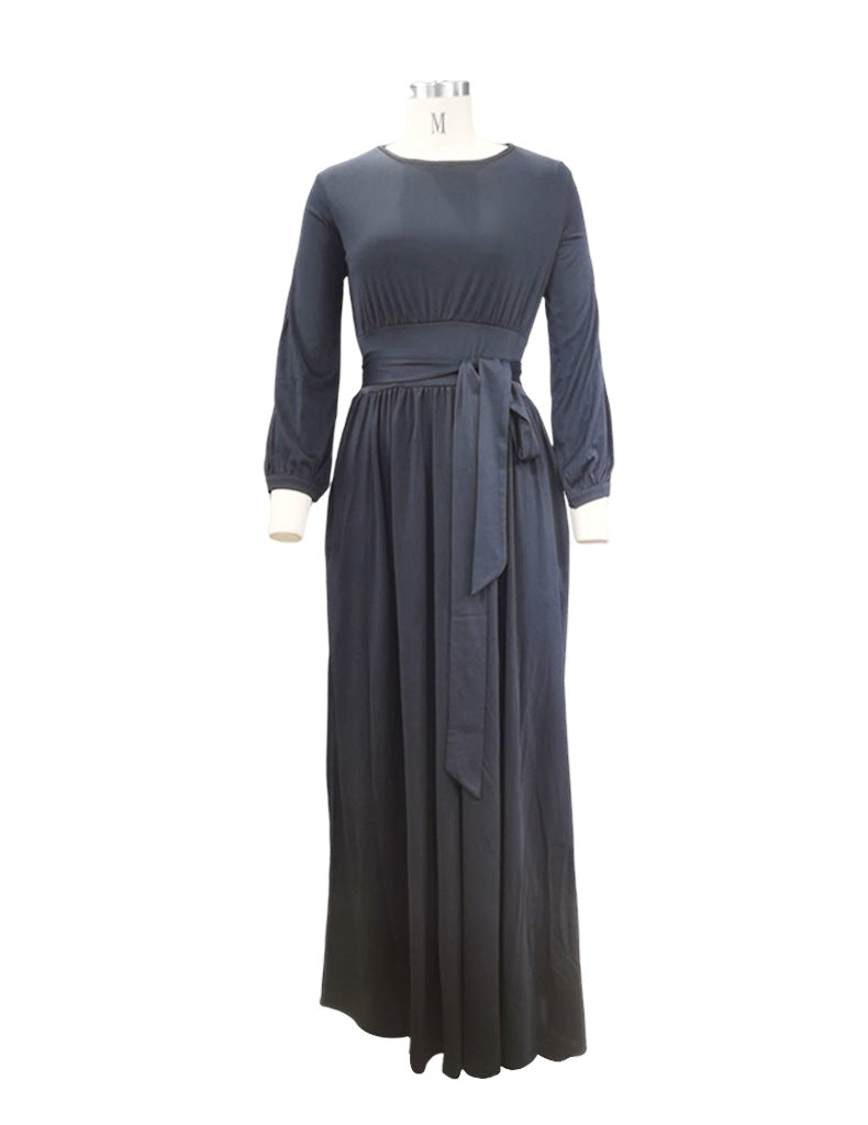 Spring Women'S Round Neck Bohemian Long Solid Dress 8