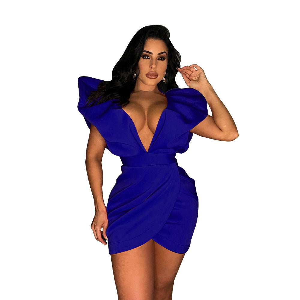 Women's Summer Sexy Deep V Short Sleeve Low Back Solid Color Dress 10