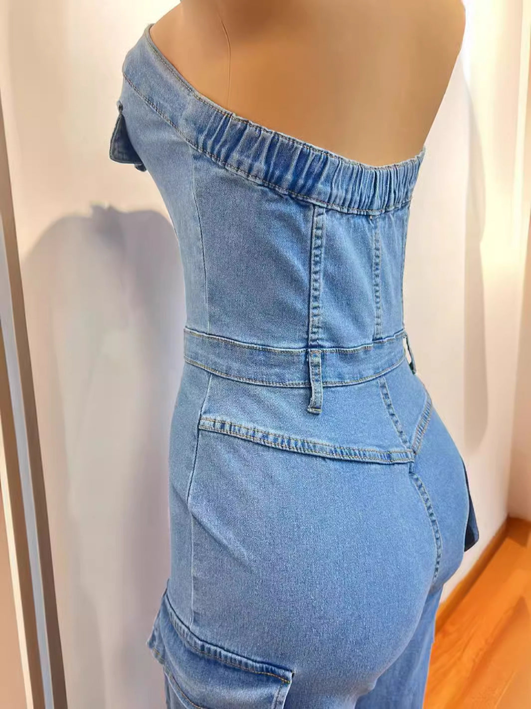 Women Strapless Button Cargo Jumpsuit 9