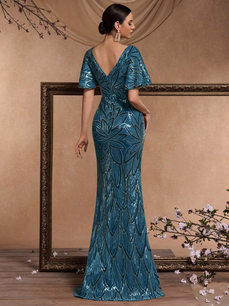 Women's Spring/Summer Luxury Elegant Short Sleeve Sequin Mermaid V-Neck Chic Formal Cocktail Evening Dress 3