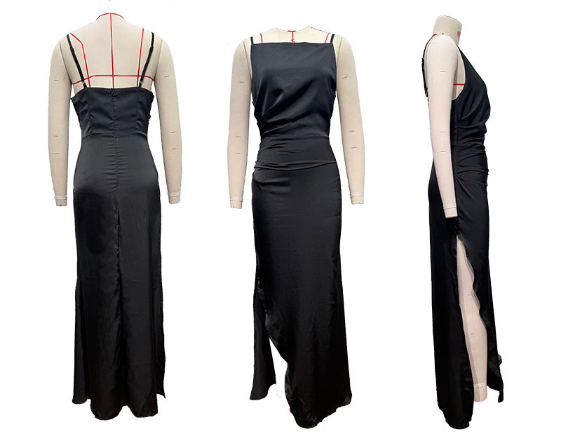 Women Solid Sexy Backless Slit Sleeveless Strap Dress 15