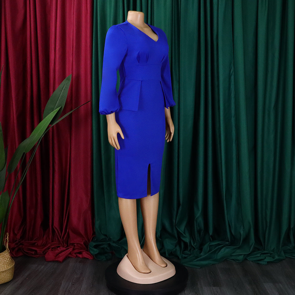 African Women v-neck puff sleeve slit dress 19