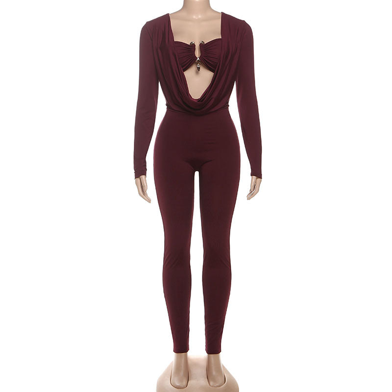 Summer Women's Fashion Sexy Draped Neck Slim Waist Bodycon Solid Color Jumpsuit 6