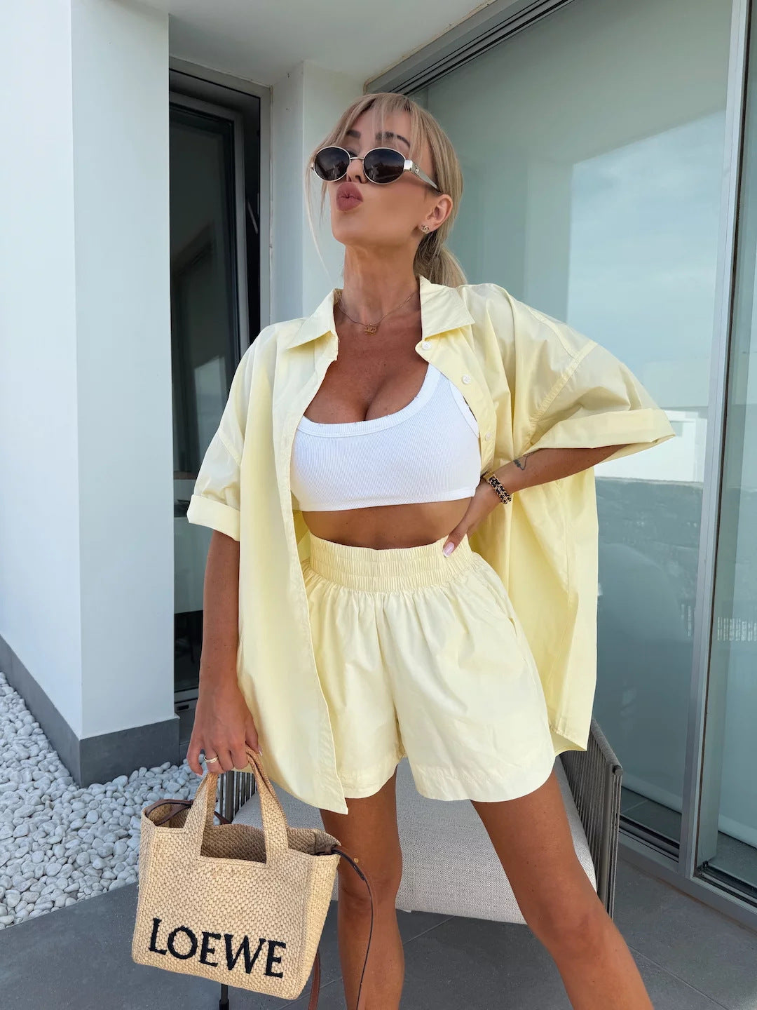 Women spring and summer Casual Solid short-sleeved shirt loose shorts two-piece set 10
