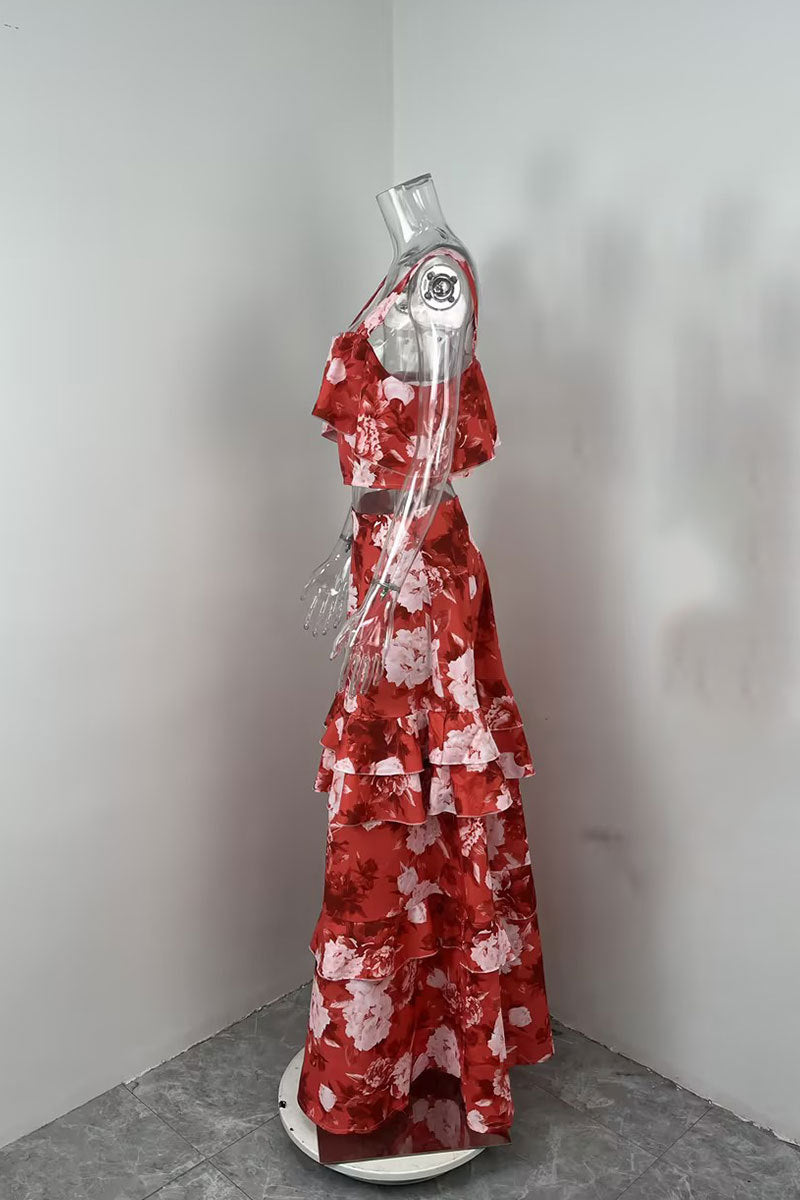 Women Beach Edge Holidays Printed Suspender Top Cascading Ruffles Skirt Two-Piece Set 33