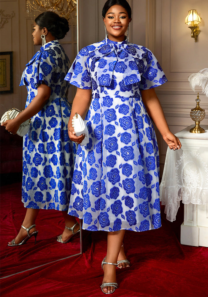 Semi-High Neck Lace-Up Bow Tie Collar A-Line Elegant Short Sleeve Party Dress