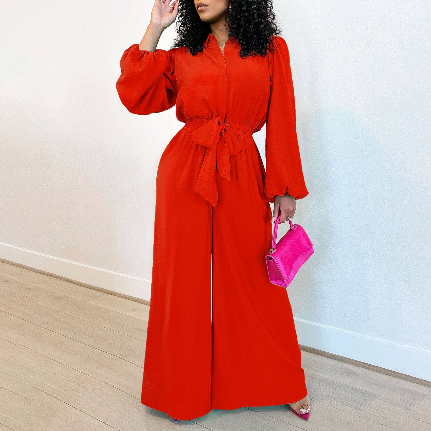 Women's Fashion Long Sleeve Solid Color High Waist Plus Size Loose Casual Jumpsuit 7
