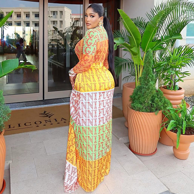 Printed Chic Women's Slim Waist High-Neck Long-Sleeve Sheer Patchwork Long Dress 3