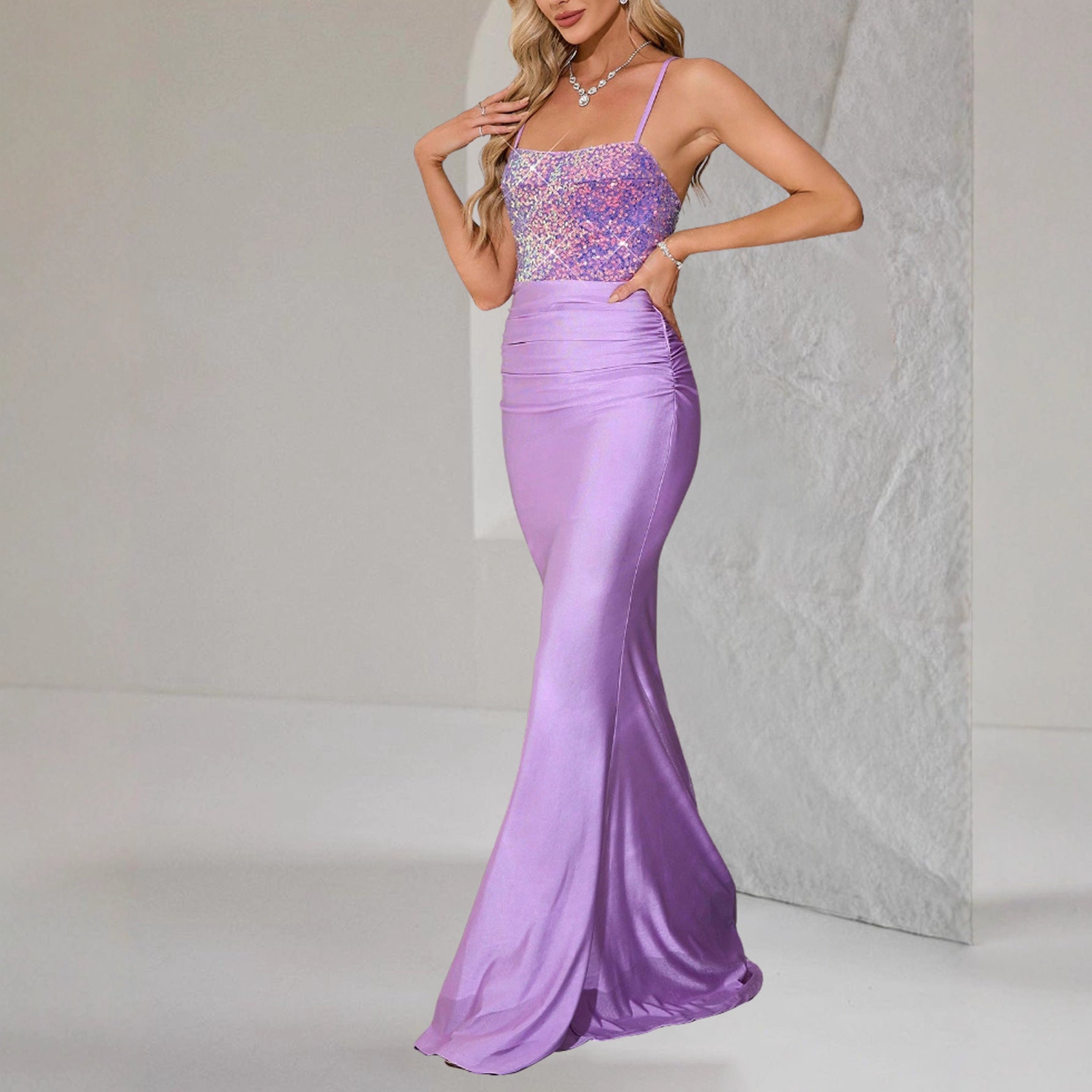 Women Solid Strapless Off-Shoulder Sequined Backless Lace-Up Fishtail Evening Dress 13