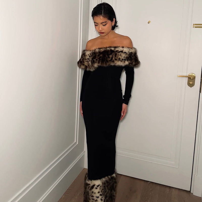 Women's Sexy Leopard Fur Patchwork Off Shoulder Long Dress
