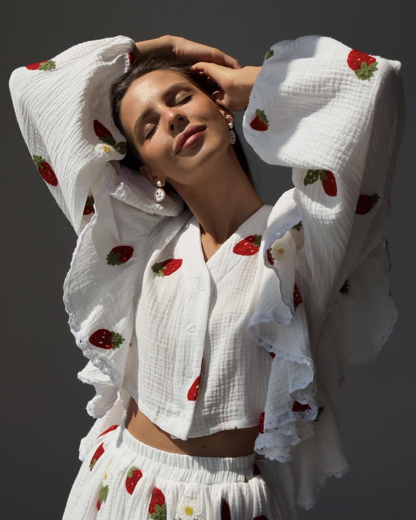 Women Ruffle Strawberry Print Long Sleeve Top and Skirt Two-Piece Set 3