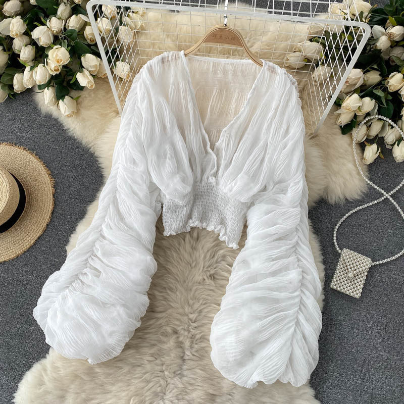 Pleated Puff Sleeves Slim Short Fashionable Chiffon Shirt Tops 19