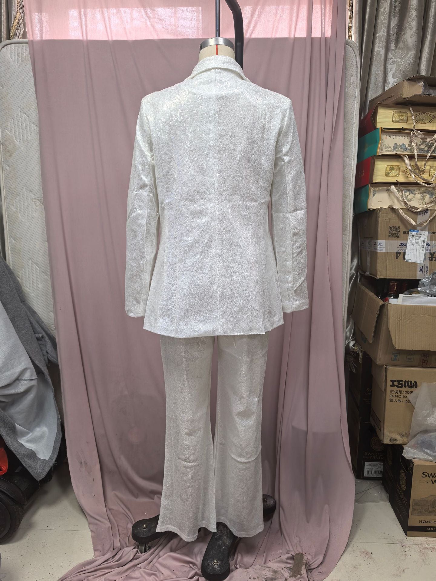 Women's Long Sleeve V-Neck Sequined Blazer Pants Two-Piece Set 9