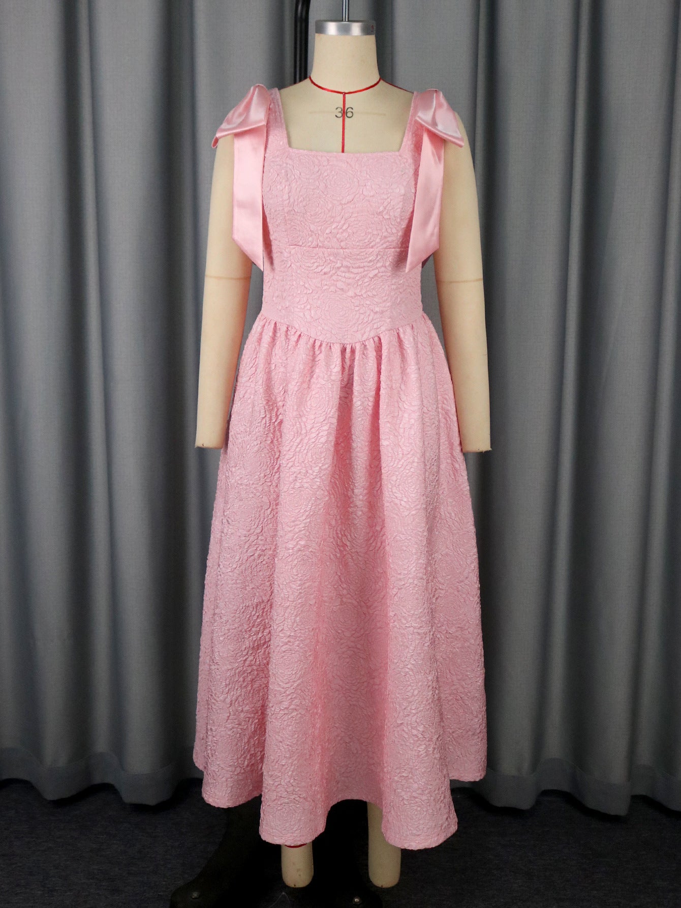 Women's Elegant Bow Lace-Up Rose Jacquard High-Waist A-Line Formal Party Gown 4