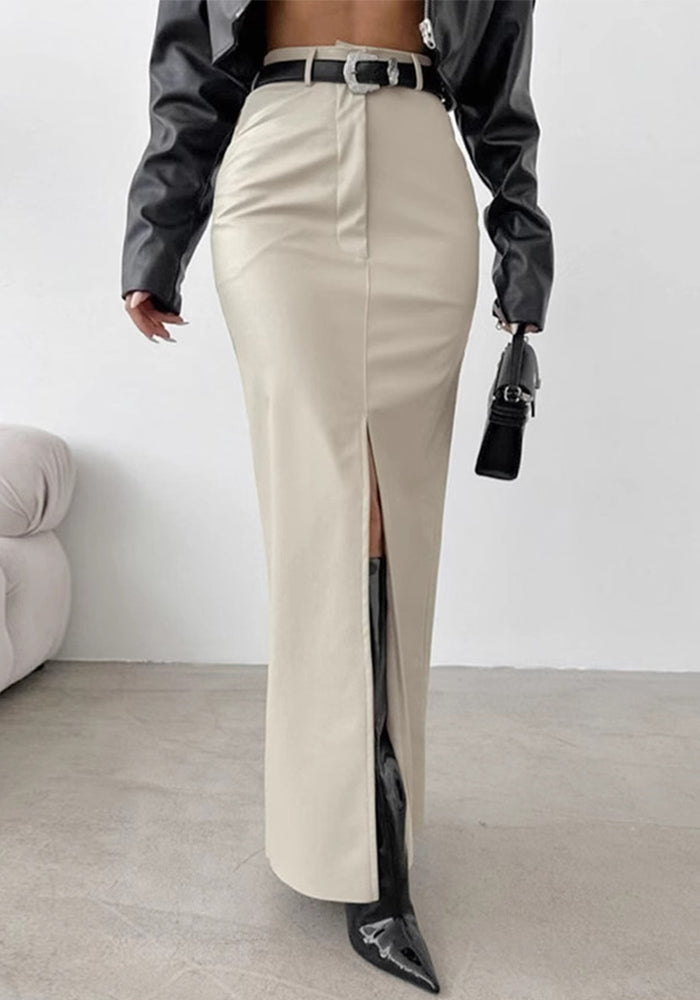 Women Slit Solid Pu-Leather Skirt 5