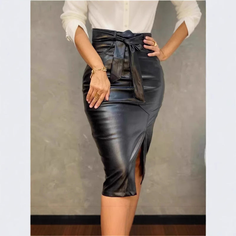 Women slit sexy pu Leather lace Bodycon Skirt 3