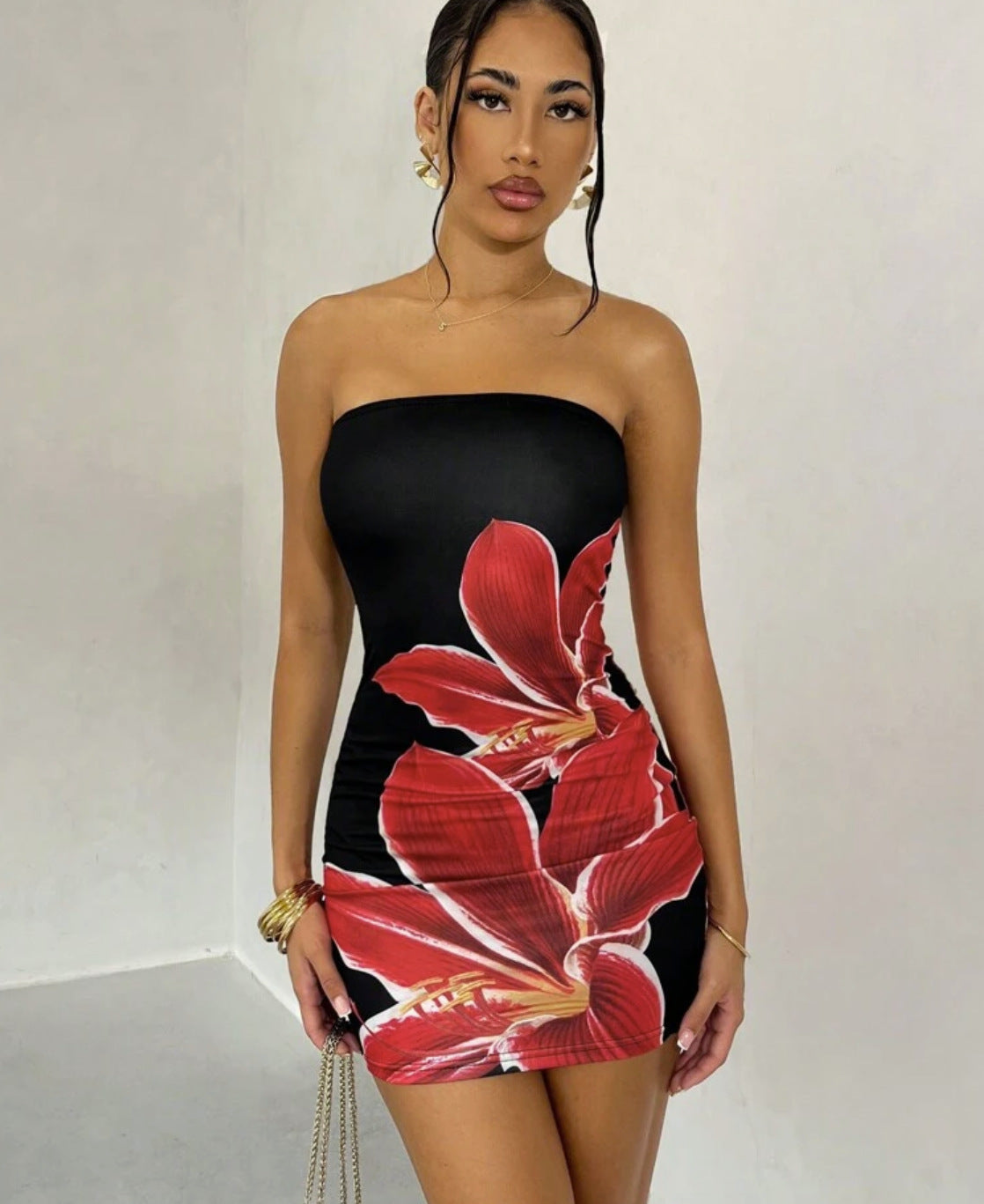 Summer Sexy Women's Strapless Flower Print Slim Bodycon Short Dress 3