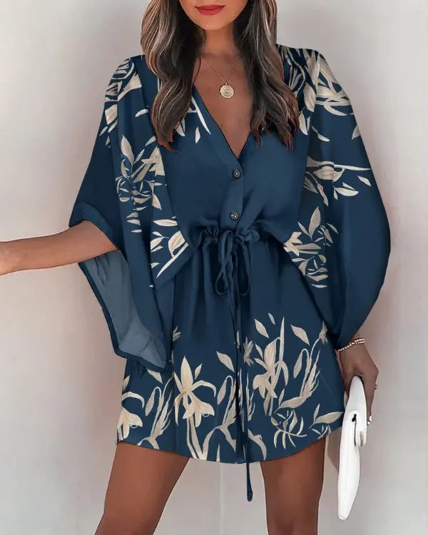 Women Summer Casual V-neck Bat Sleeves Printed Dress 6