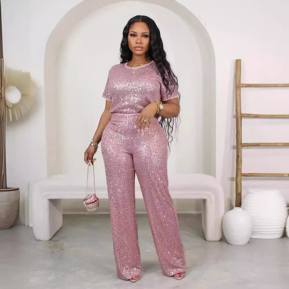 Women Spring Summer Sequin Solid Short Sleeve Top and Pants Two-piece Set 9