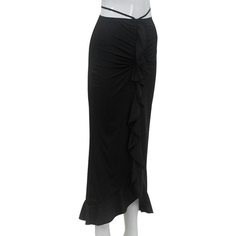 Fashionable Slim Women's Lace-Up Sexy Ruffled Low-Waist Elegant Long Skirt 6