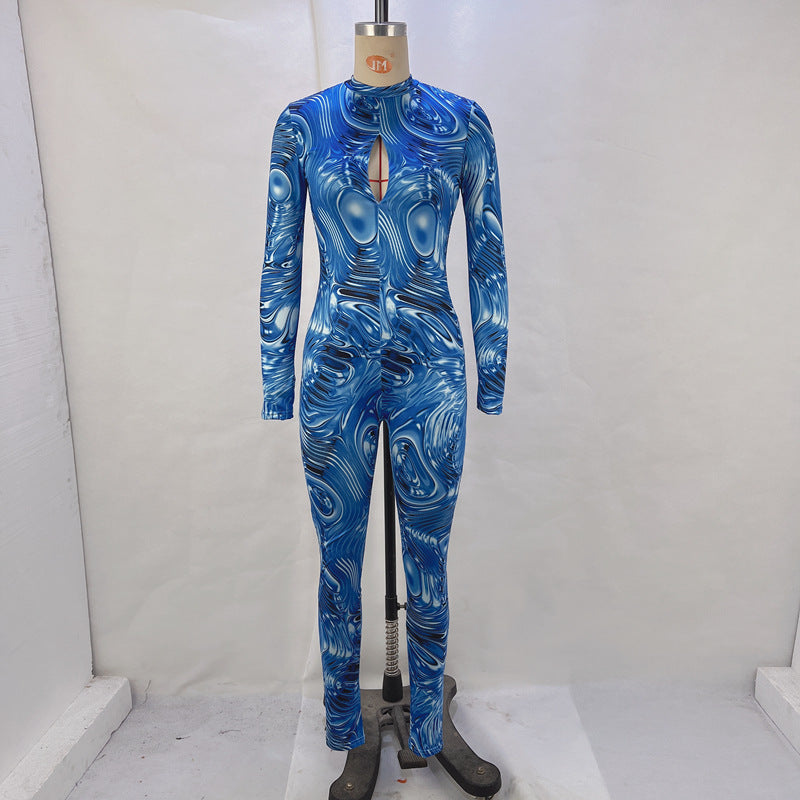 Women Hollow Long Sleeve Backless Printed Jumpsuit 12