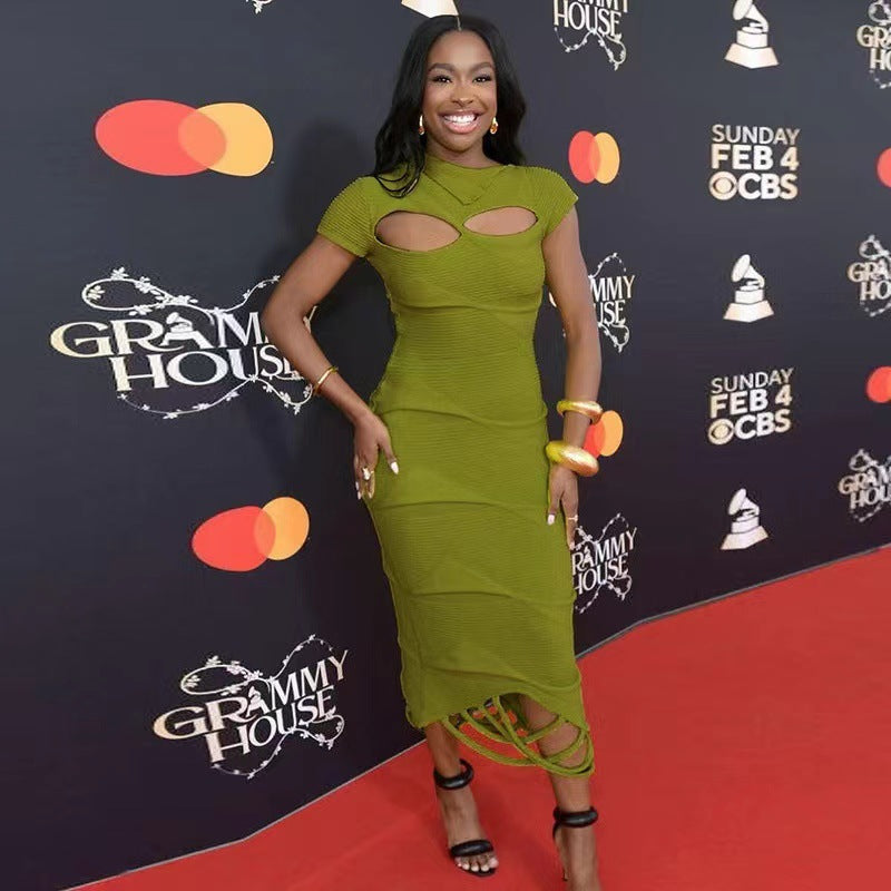 Women Slash Shoulder tassel hollow knitting solid irregular short-sleeved dress 8