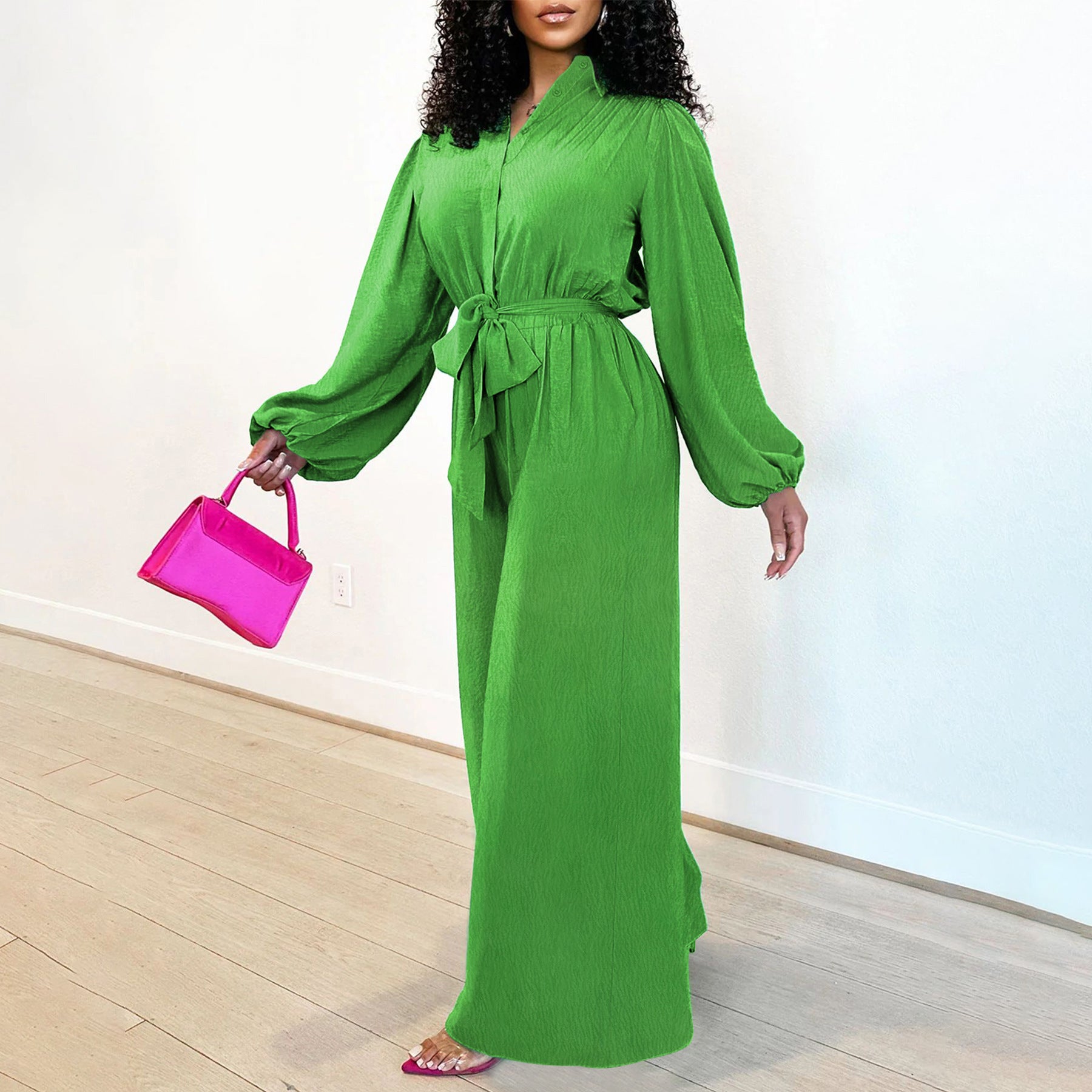 Fashion Women's Lantern Sleeve Solid Color Slim Waist Tie-Front Wide-Leg Jumpsuit