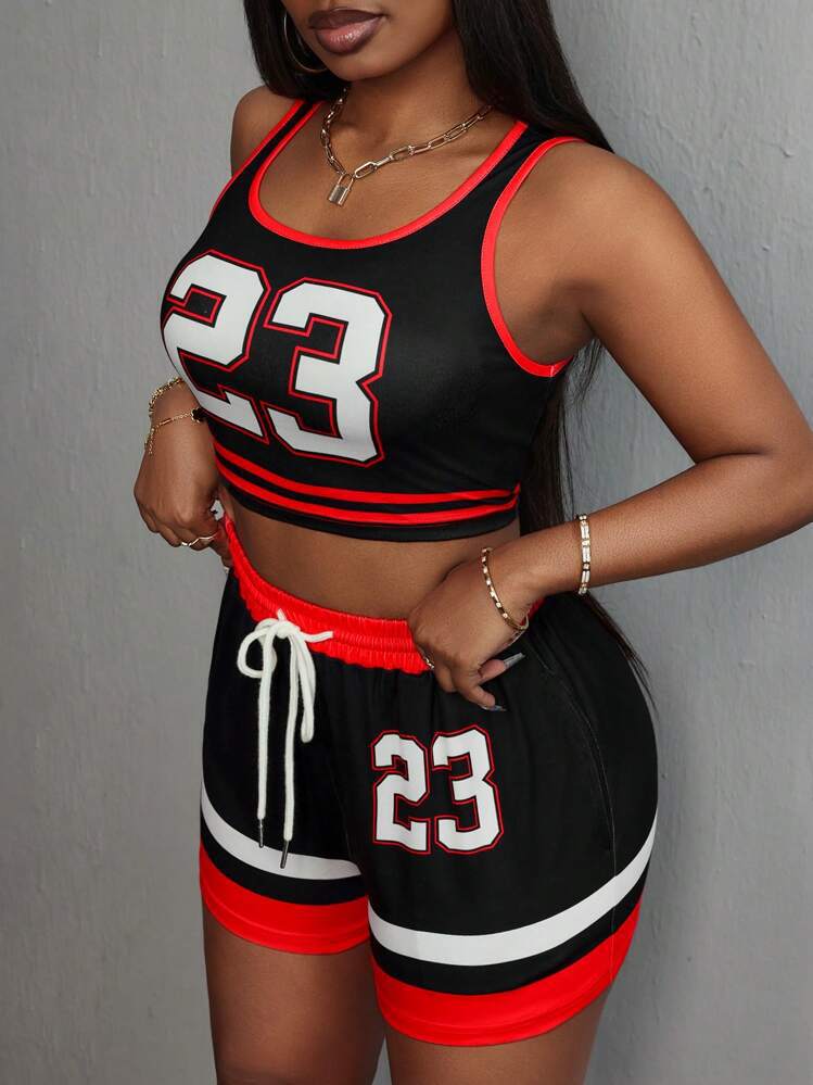 Women Contrast Print Sexy Sport Top Lace-up Shorts Two-Piece Set 4
