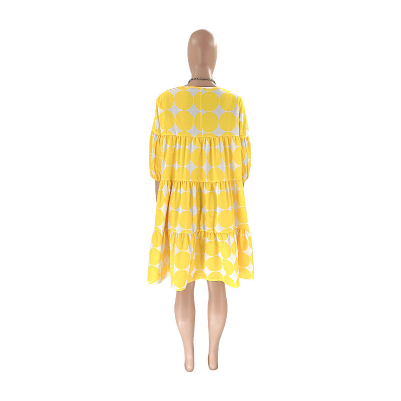 Summer Women Large Polka Dot Loose Round Neck Half-Sleeve Pleated Dress 9