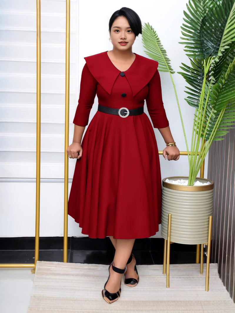 Women's Chic Turndown Collar Short Sleeve A-Line African Dress 6