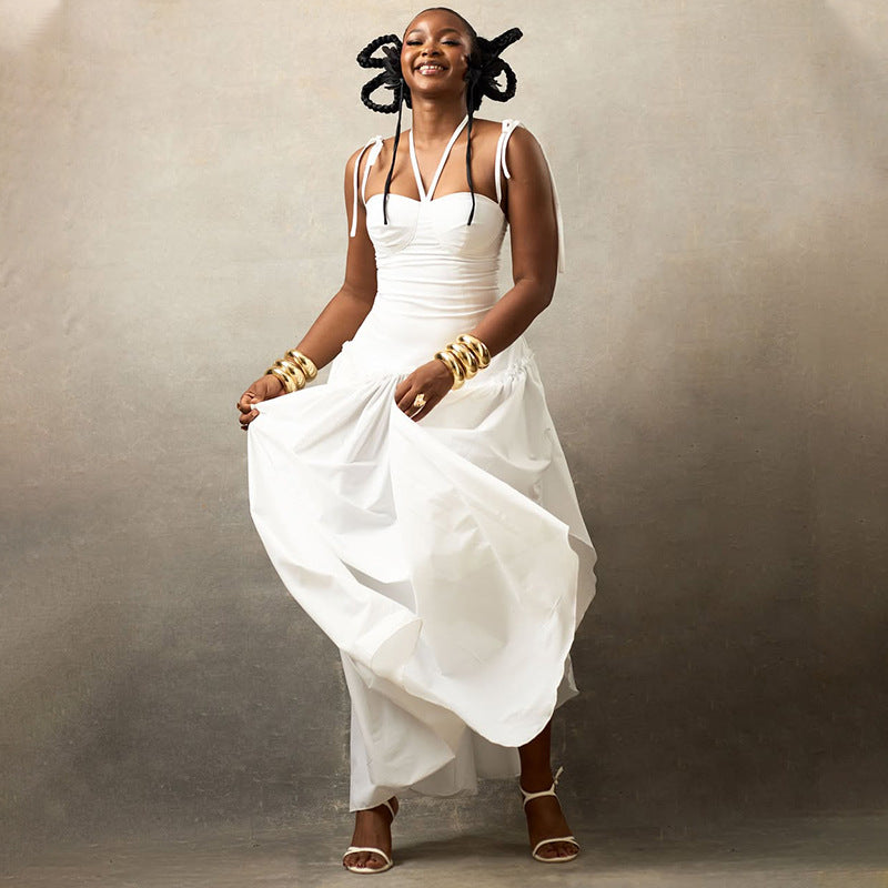 Solid Color slim women's pleated Low Back Halter Neck A-line long dress