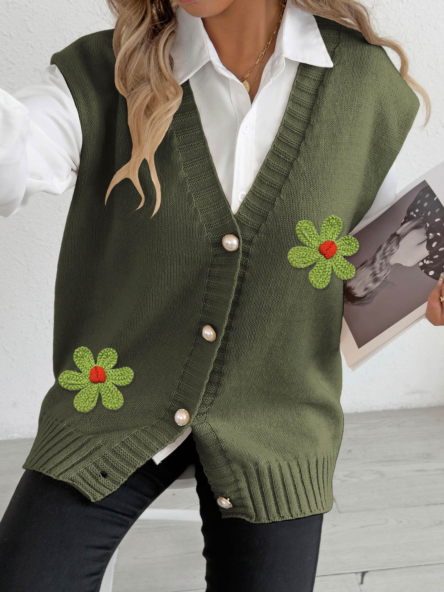 Women's Autumn Winter Vest Pearl Button Loose Casual Cardigan Sweater Waistcoat 3