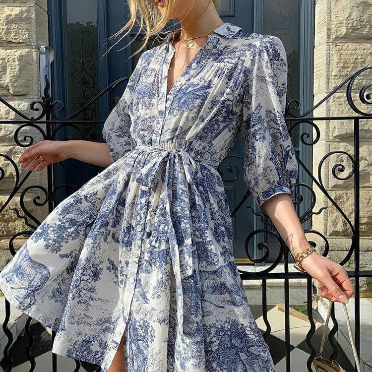 Spring And Autumn Print Puff Sleeve Turndown Collar Elegant Shirt Dress