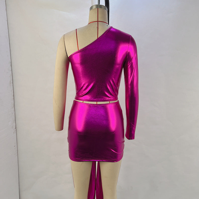 Women's Fashion Shiny Sexy One Shoulder Top Stretch Bodycon Skirt Two Piece Set 8