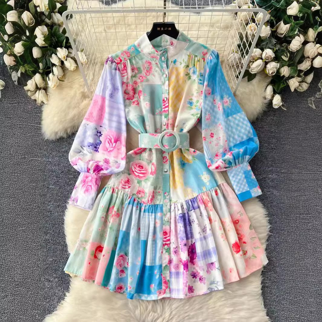 Women Stand Collar Lantern Long Sleeve Ruffle Printed Dress 7