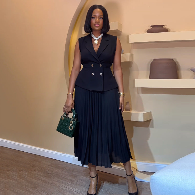 Women Summer Turndown Collar Vest And Pleated Skirt Casual Two-piece Set