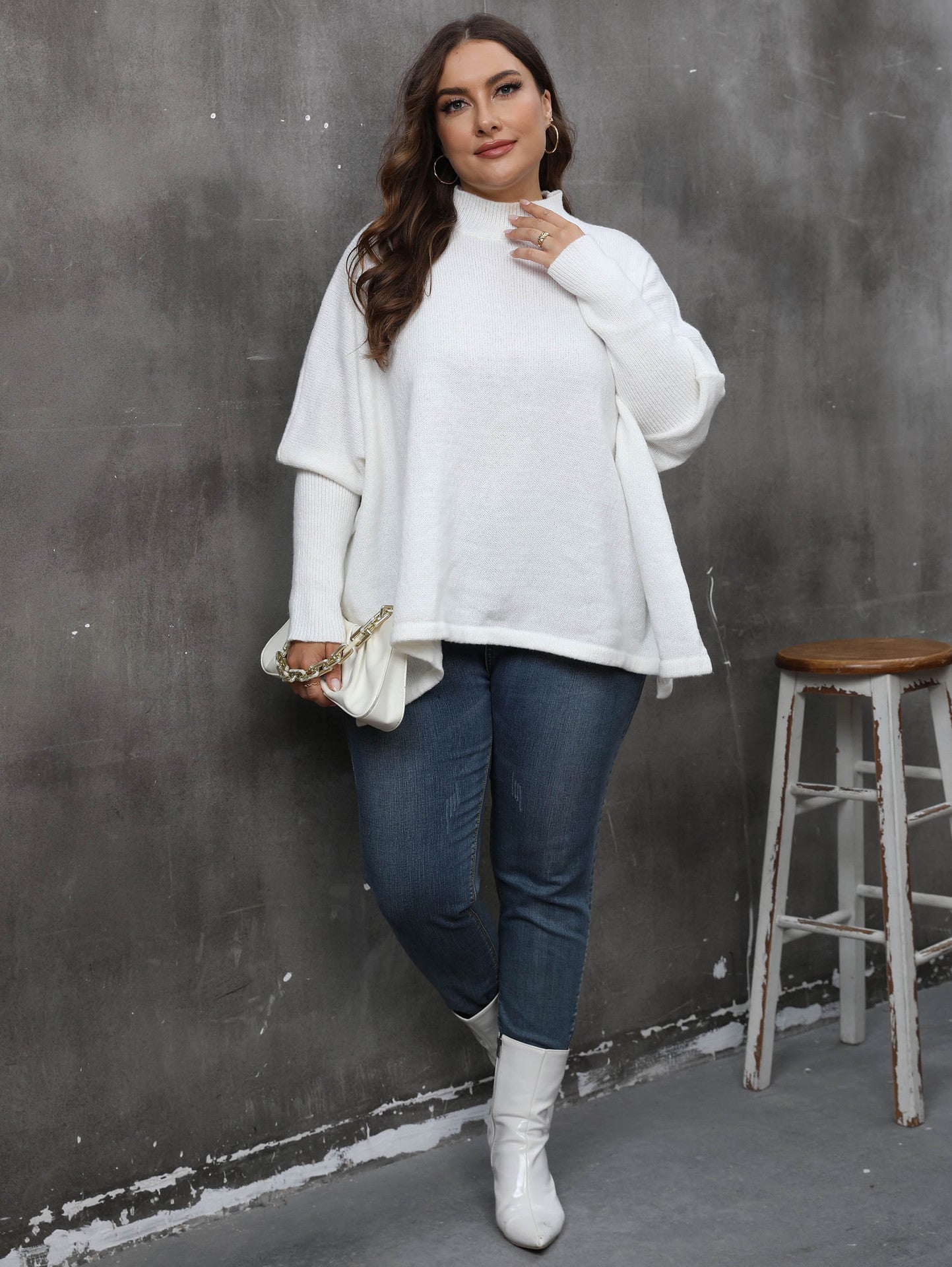 Women's Pullover Top Plus Size Women's Slit Bat Sleeves Turtleneck Loose Sweater 6