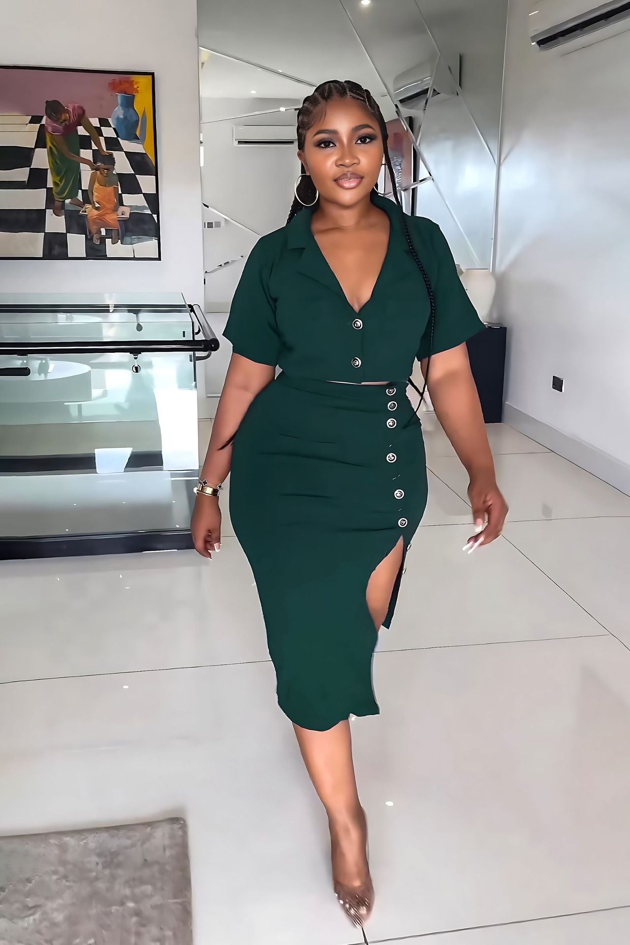 Women Summer Polo Neck Short Sleeve Blazer and Slit Skirt Career Two-Piece Set 4