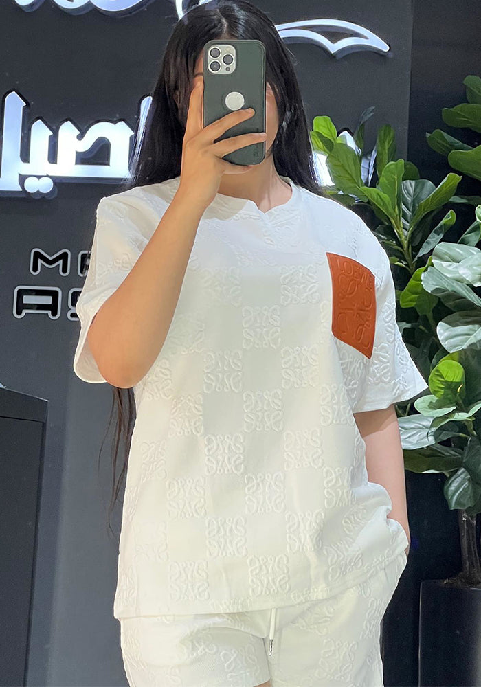 Women's Fashion Casual Leather Pocket Jacquard Short Sleeve Sport Shorts Set